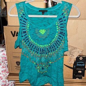 Signature Studio Teal and Blue Women's cold-shoulder Top